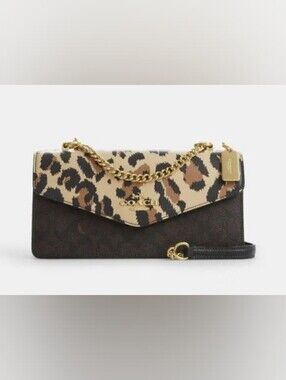 COACH Klare Envelope Leopard Print Leather Chain Shoulder Bag in Tan and Brown